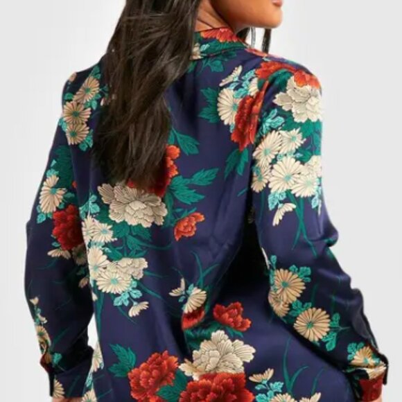 Boohoo Shirt Dress 14 Long Sleeve Floral Artsy Unique Collared Button Front - Picture 4 of 14